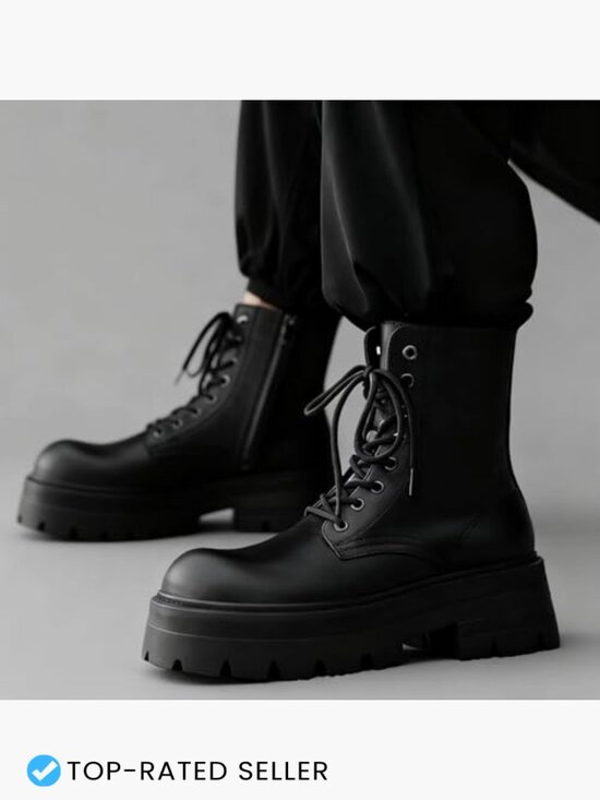 Black Leather Lace-Up Platform Combat Boots Chunky Heel Lug Sole Side Zipper main image 6